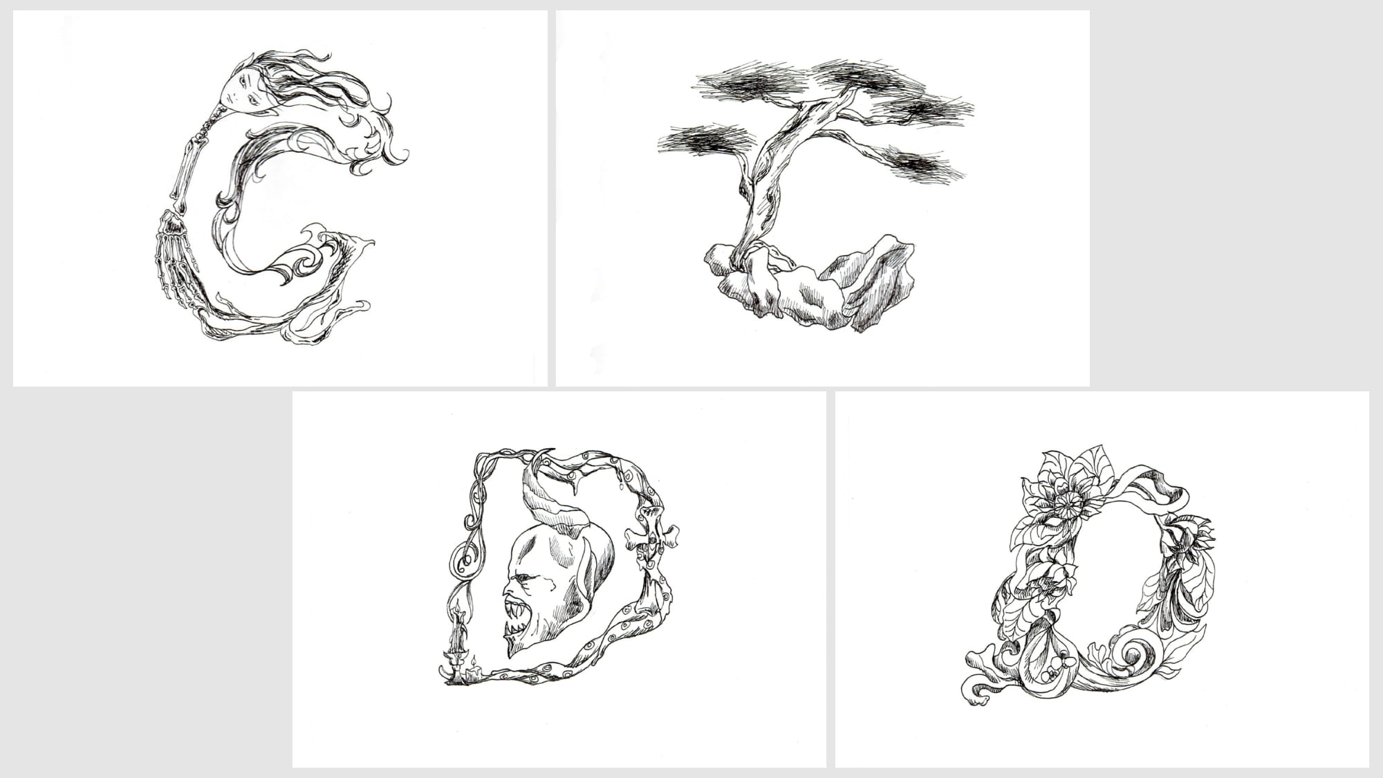 Hand-drawn illustrated letterforms C through F