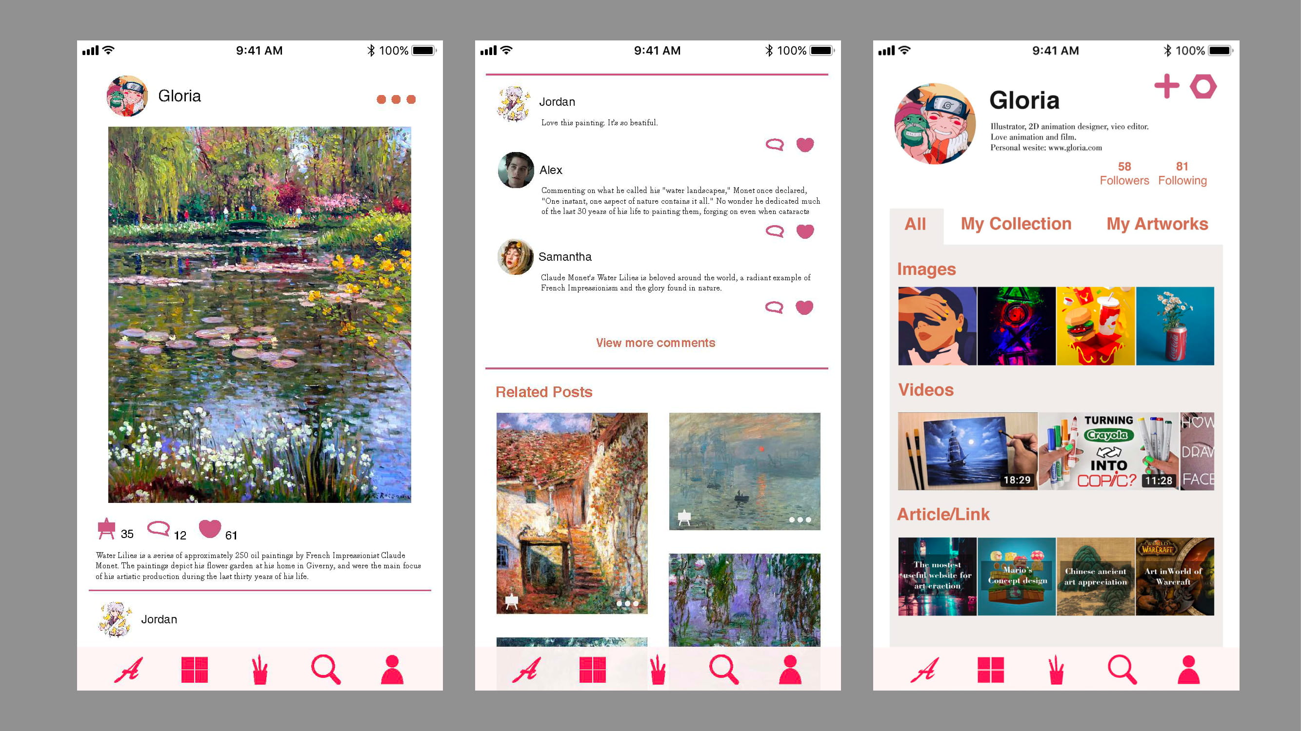 ArtCenter mobile feed, artwork detail, and creator profile interfaces