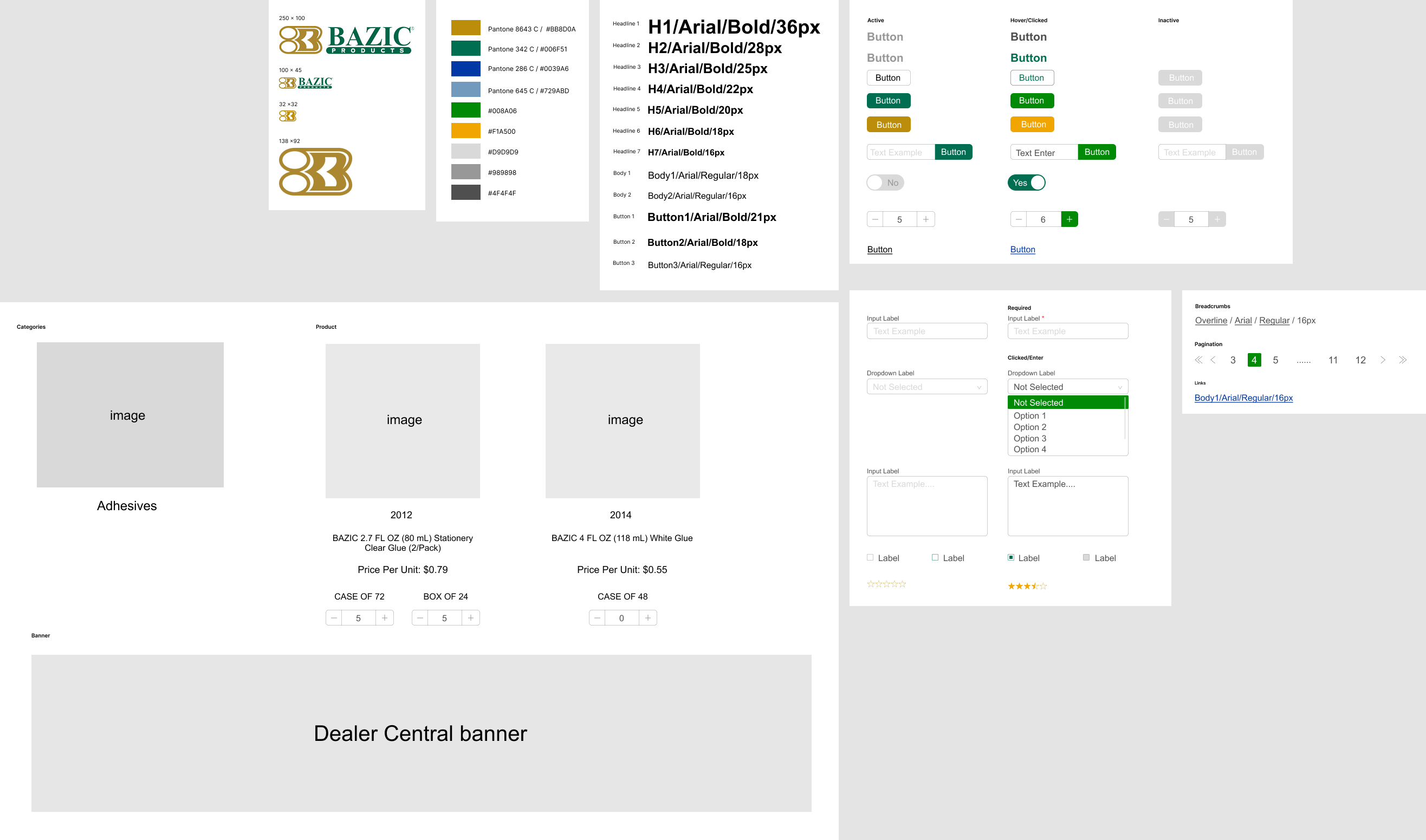 BAZIC UI system with responsive marks, typography, color, controls, forms, product cards, and navigation patterns