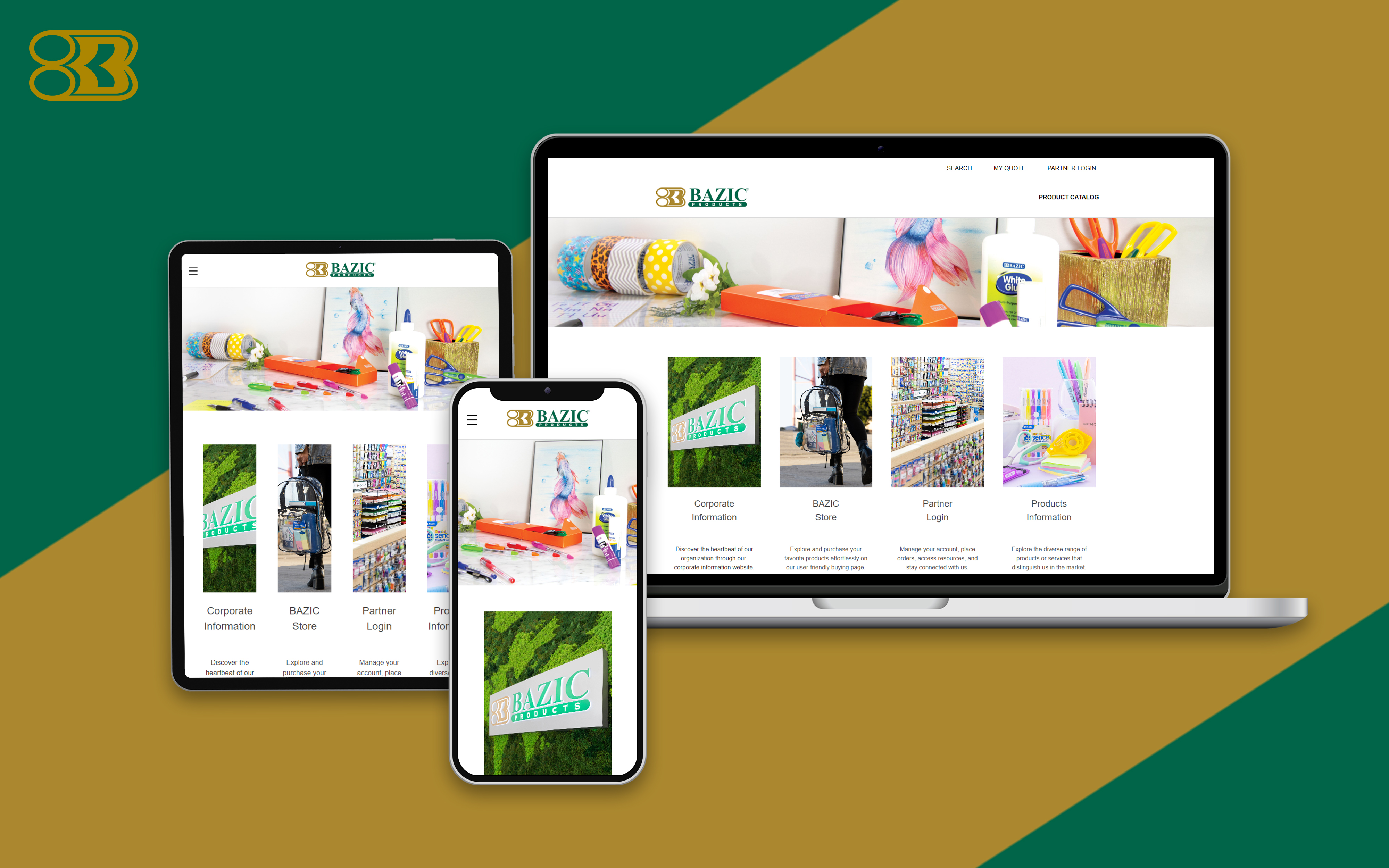 BAZIC corporate website displayed on desktop, tablet, and mobile screens