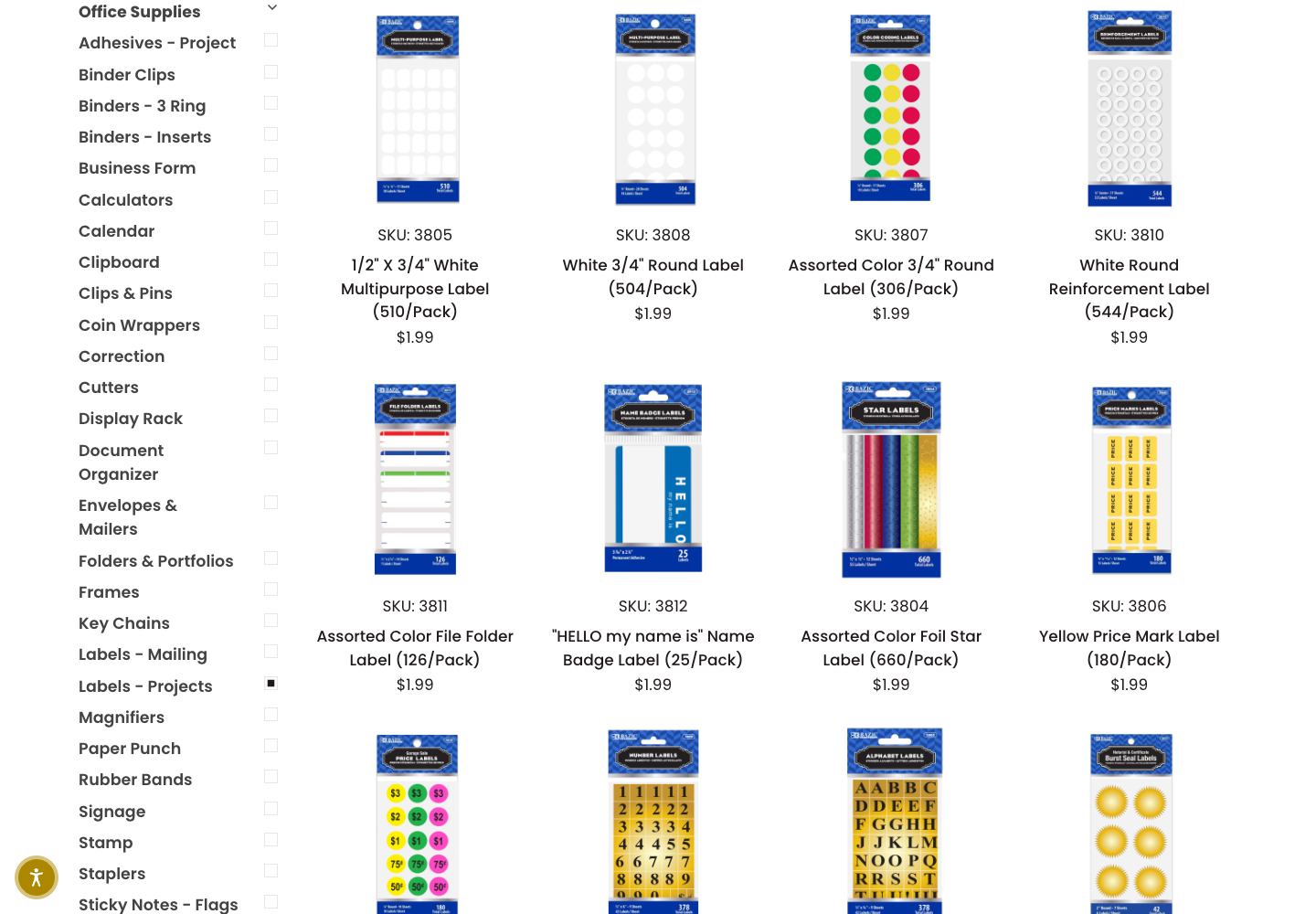 Desktop BAZIC label collection with product names contained within a four-column card grid