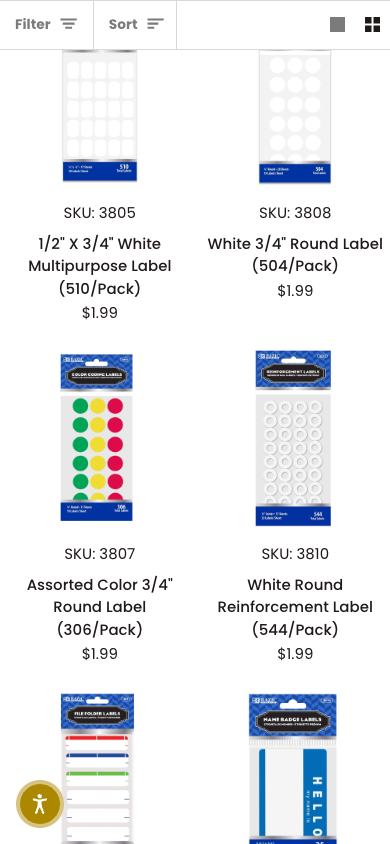 Mobile BAZIC label collection with product names wrapping within two-column cards