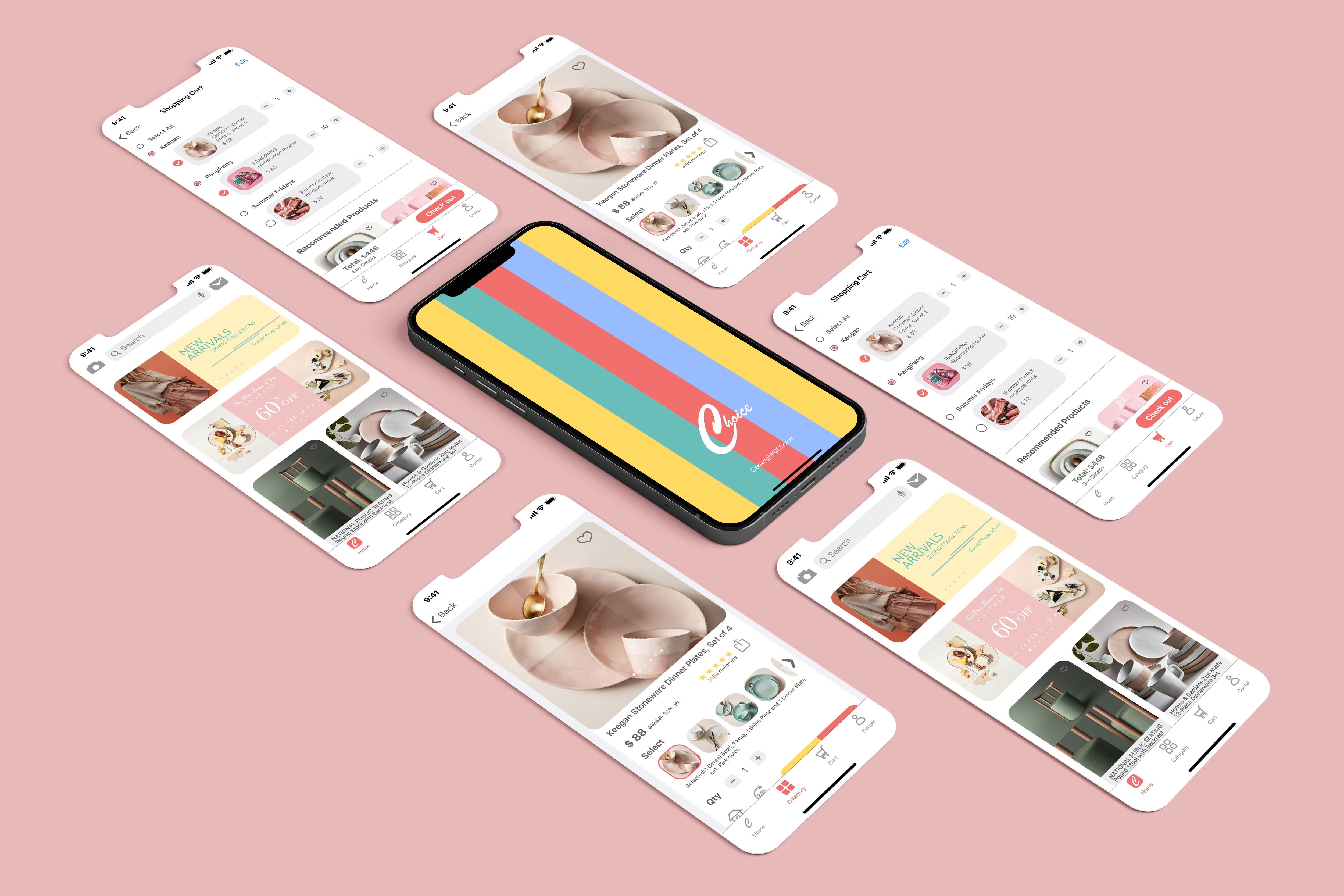 Choice mobile commerce interface system shown across product, cart, and checkout screens