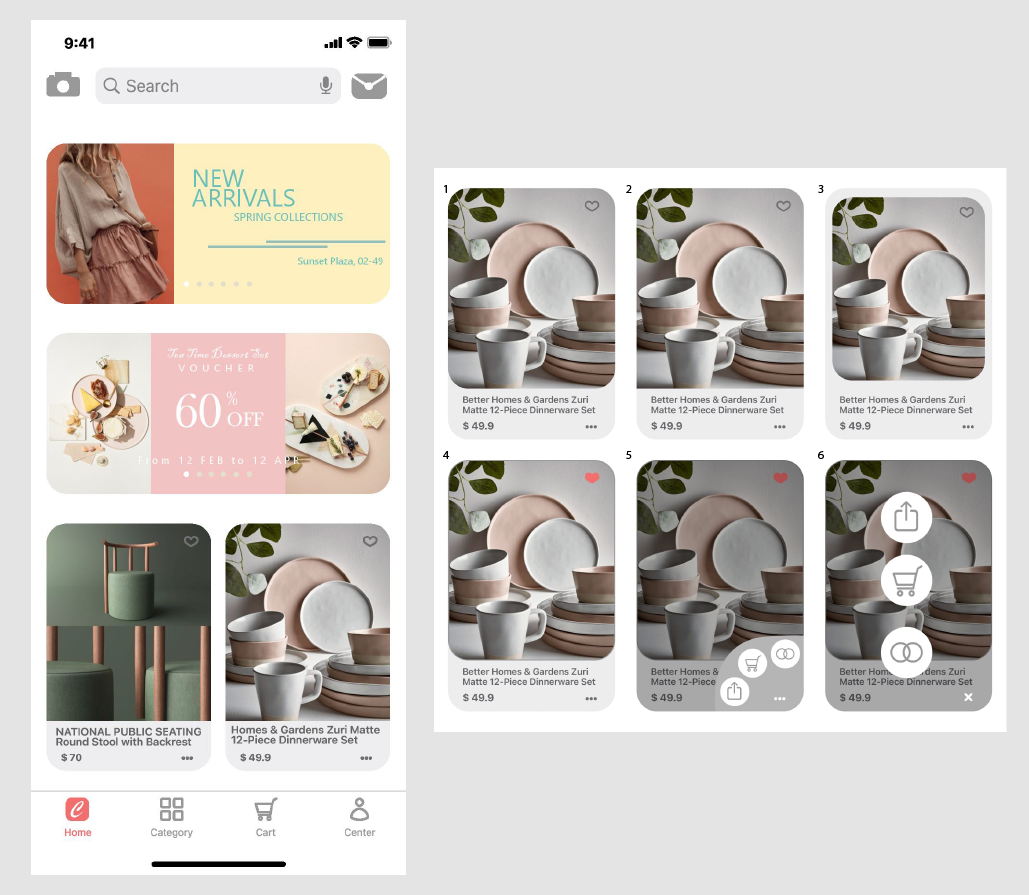 Choice Home screen with promotions and product-card interaction states