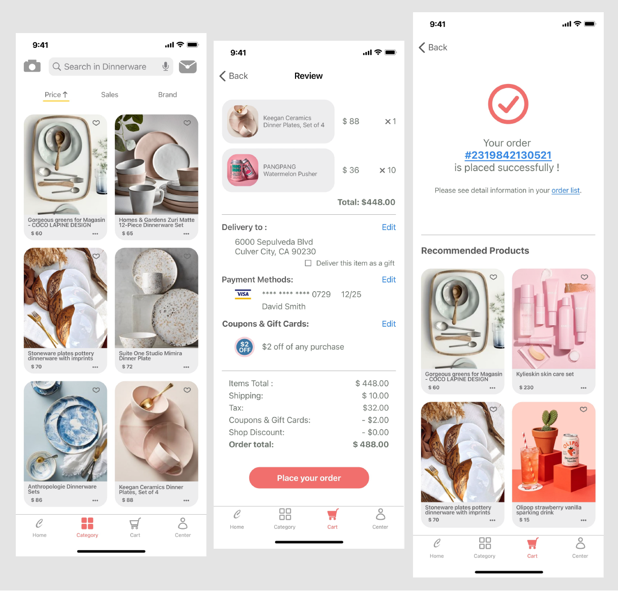 Choice category results, order review, and order confirmation