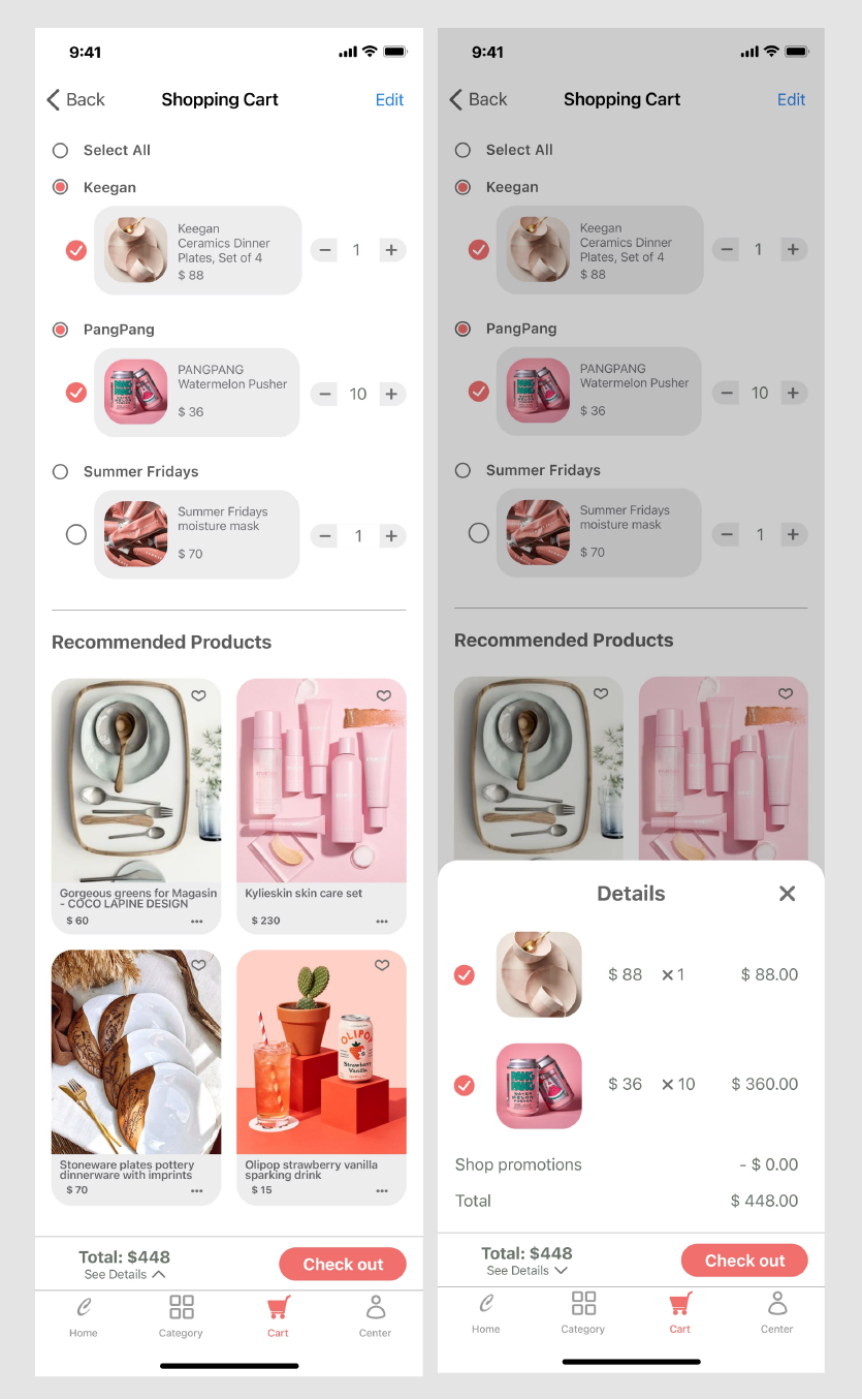 Choice cart before and after opening the order-details drawer