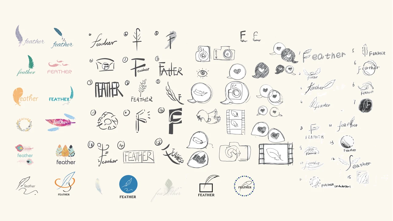 Feather hand-drawn logo explorations including lettering, feather forms, letter F symbols, and conversation shapes