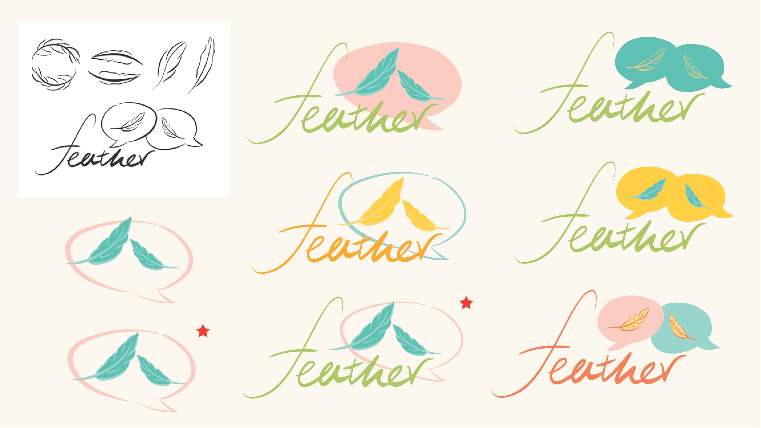 Feather logo explorations combining a wordmark, leaves, and conversation shapes