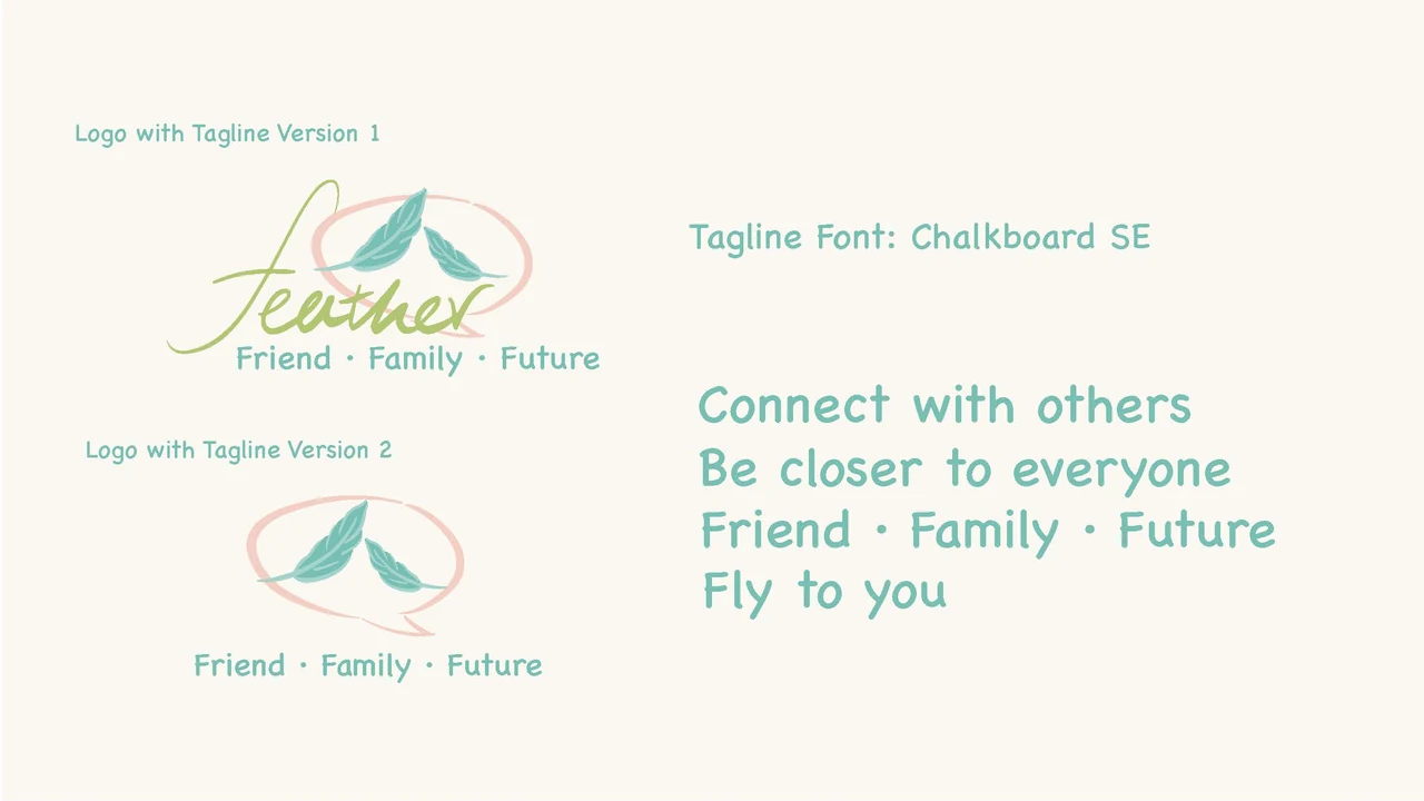 Feather tagline explorations and Chalkboard SE type paired with the two logo configurations