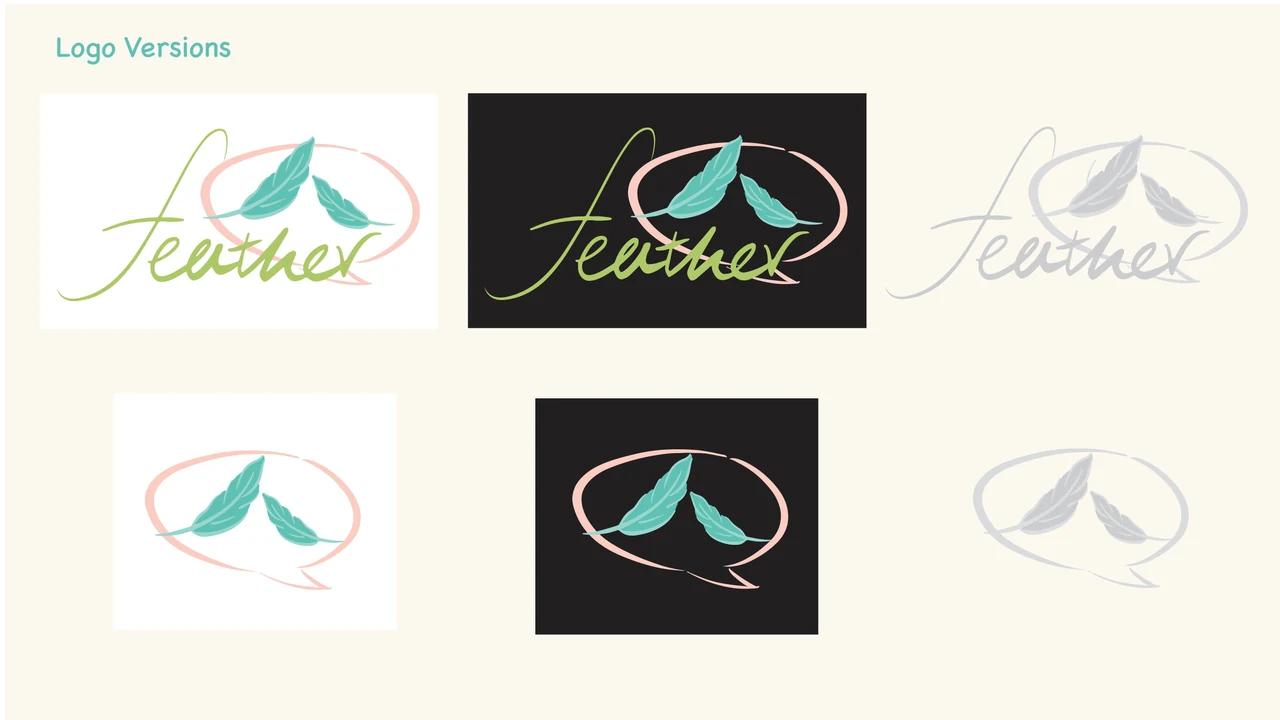 Feather full wordmark and simplified symbol on light, dark, and monochrome backgrounds