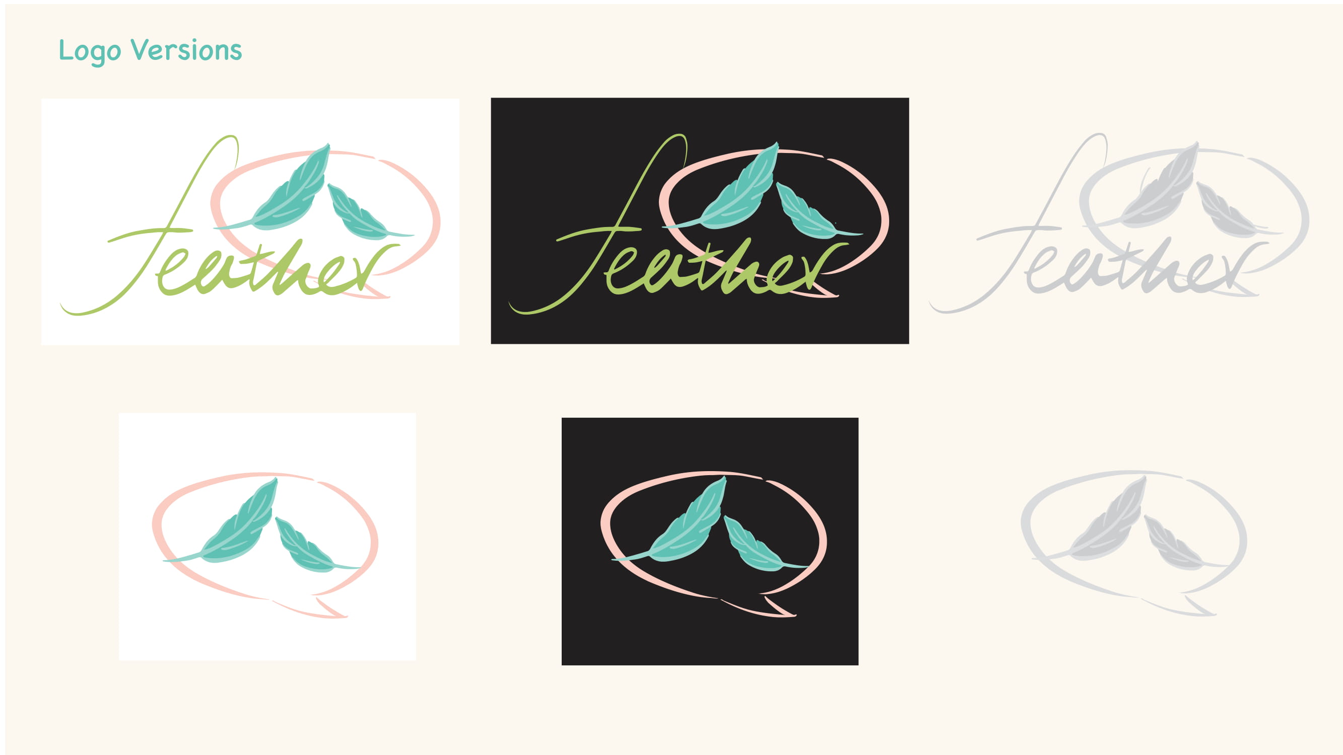 Feather wordmark and symbol variants on light and dark backgrounds