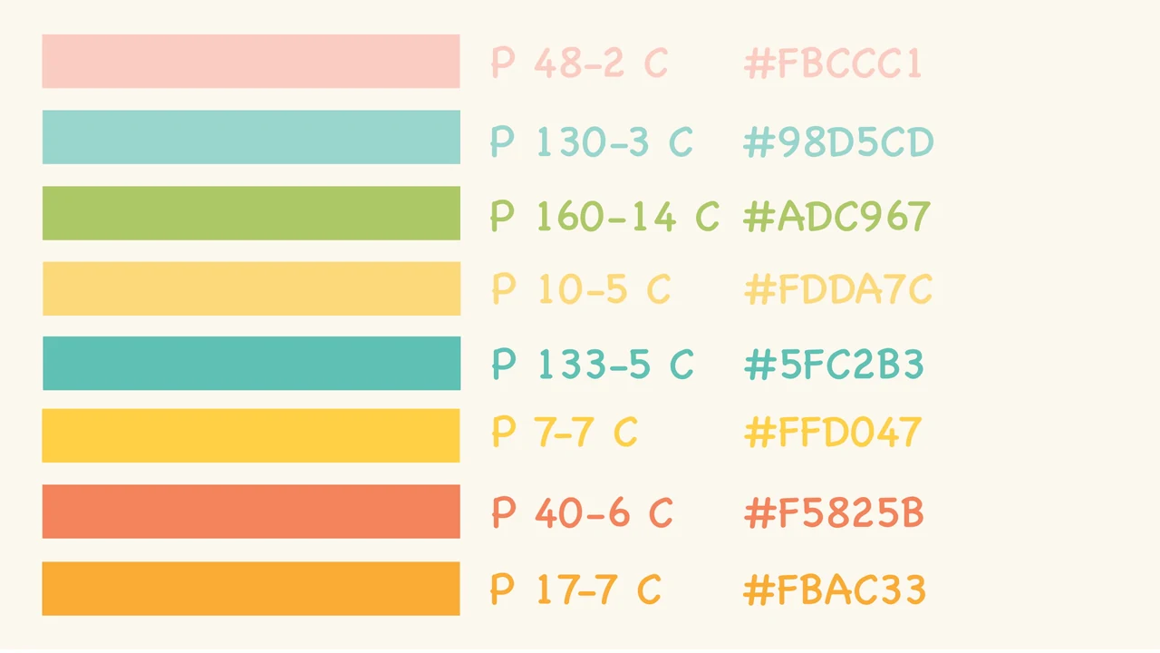 Feather eight-colour palette with pink, mint, green, pale yellow, teal, bright yellow, coral, and orange