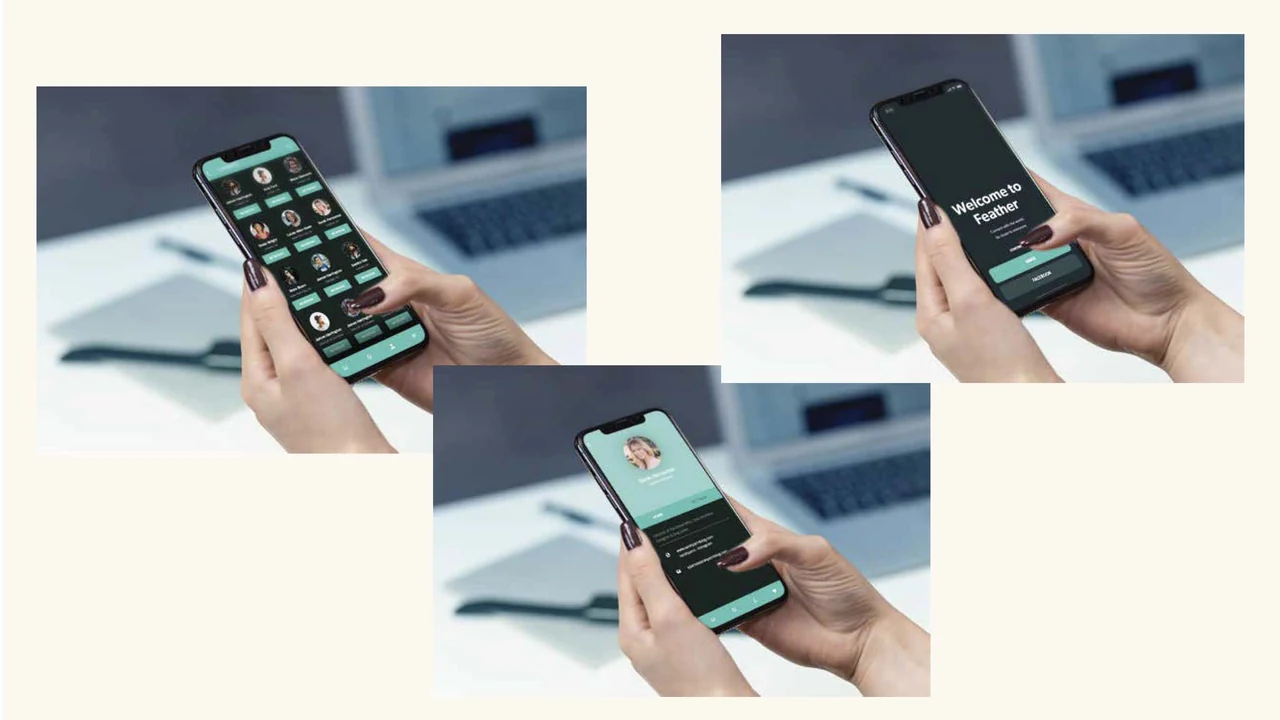 Original mobile concept presentation showing welcome, contacts, and profile screens in phone mockups