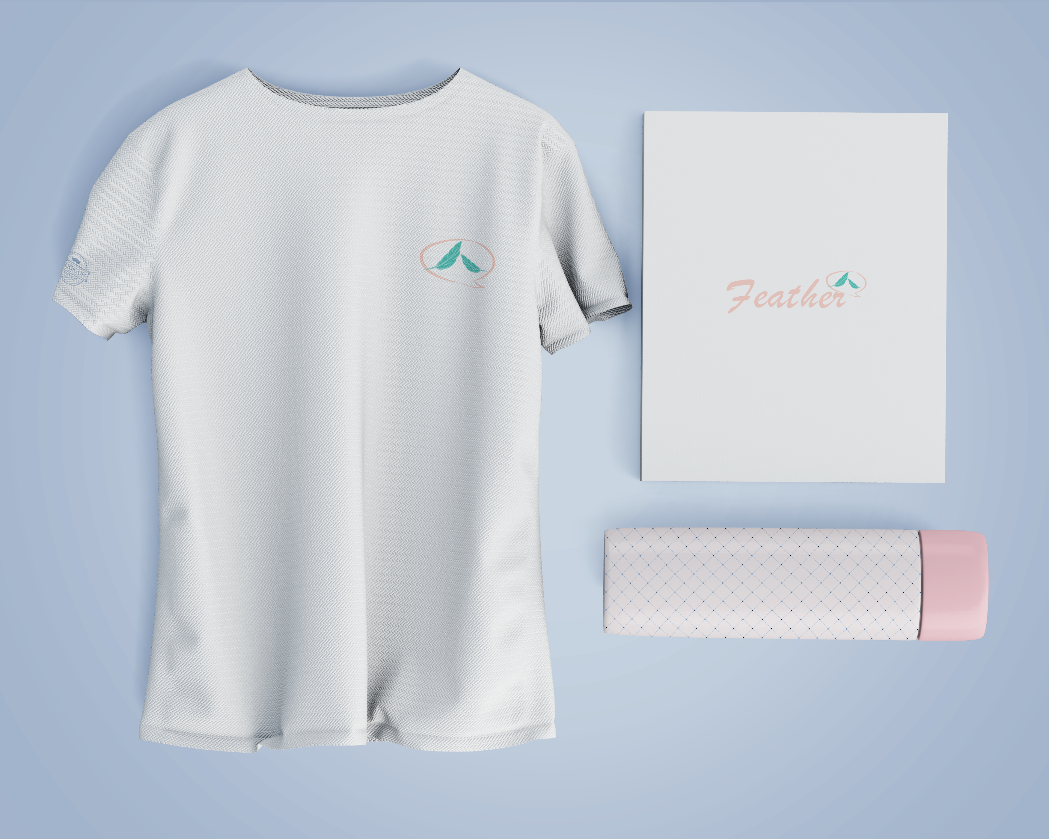 Feather white T-shirt, stationery and cylindrical packaging mockup