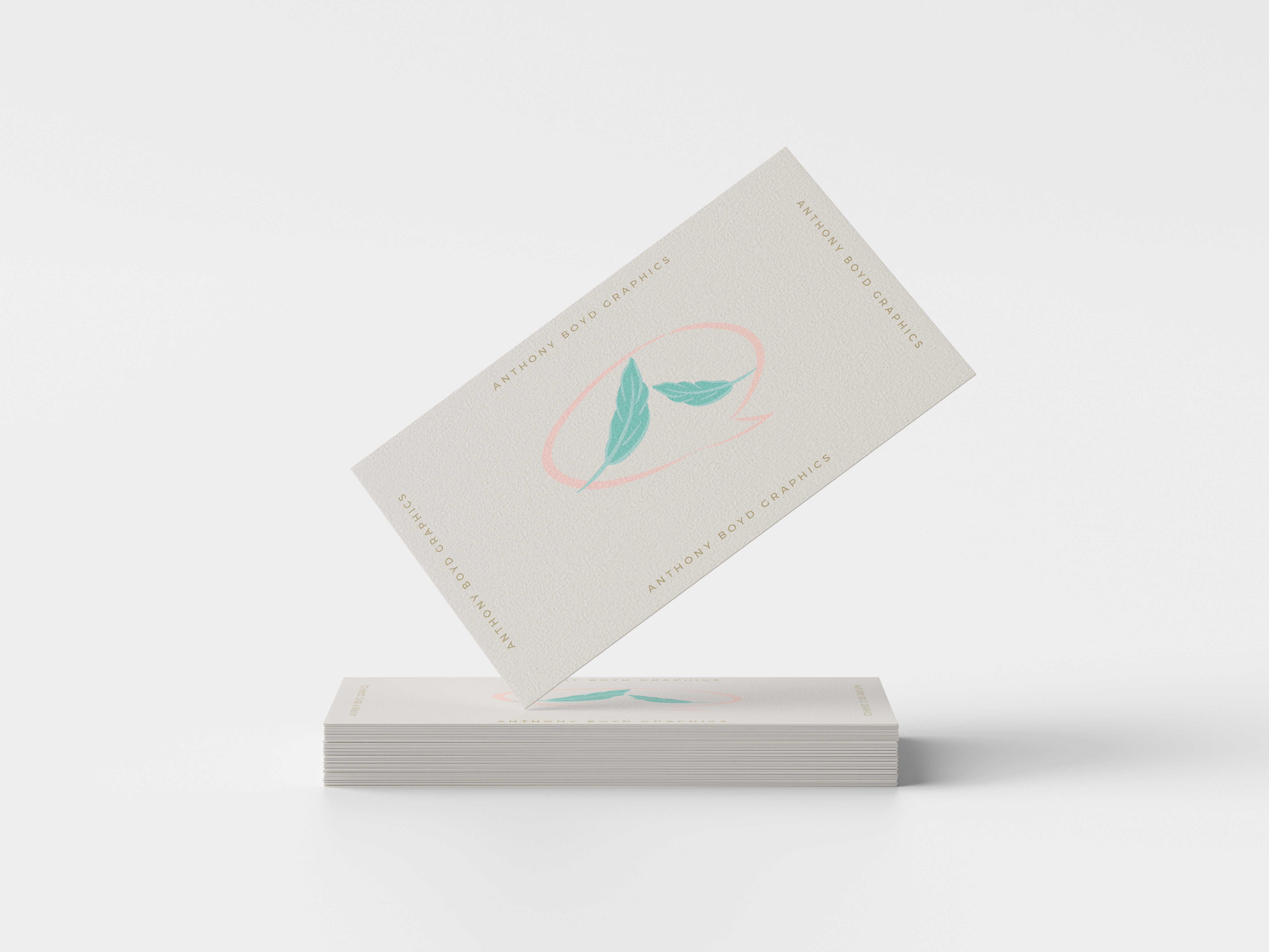 Feather business-card mockup with a floating card and stacked cards