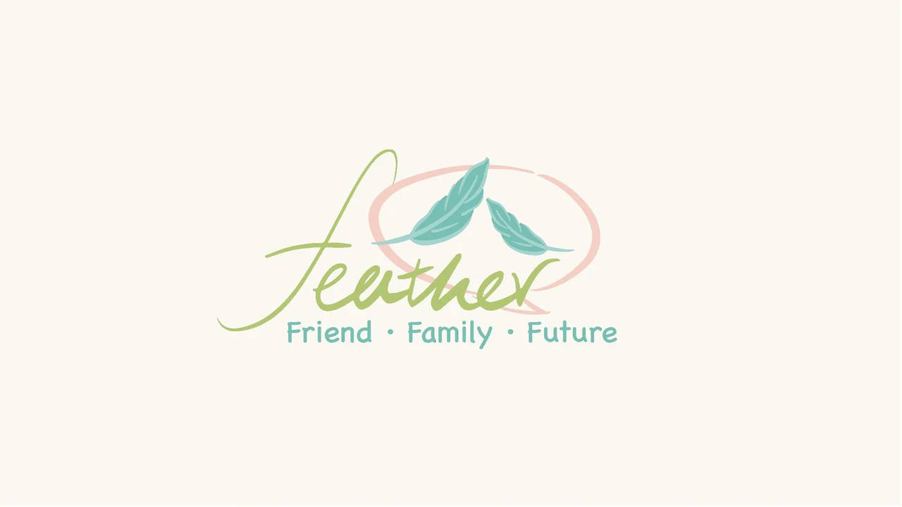 Feather final wordmark, paired feathers, and Friend Family Future tagline