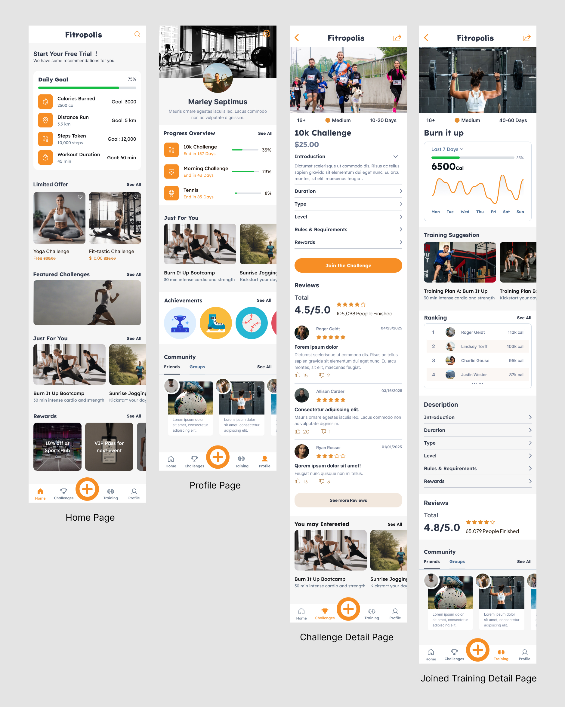 Fitropolis final Home, Profile, Challenge Detail, and Joined Challenge Detail interfaces