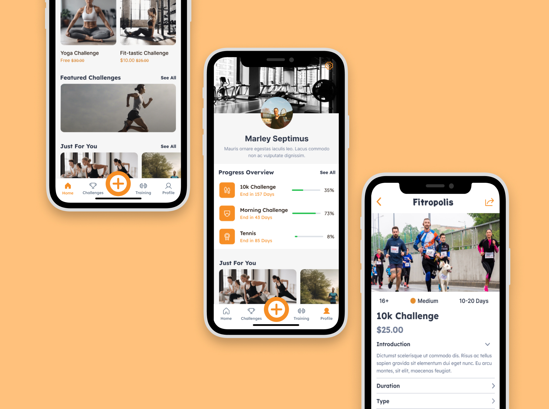 Fitropolis challenge discovery, profile progress, and challenge detail interfaces