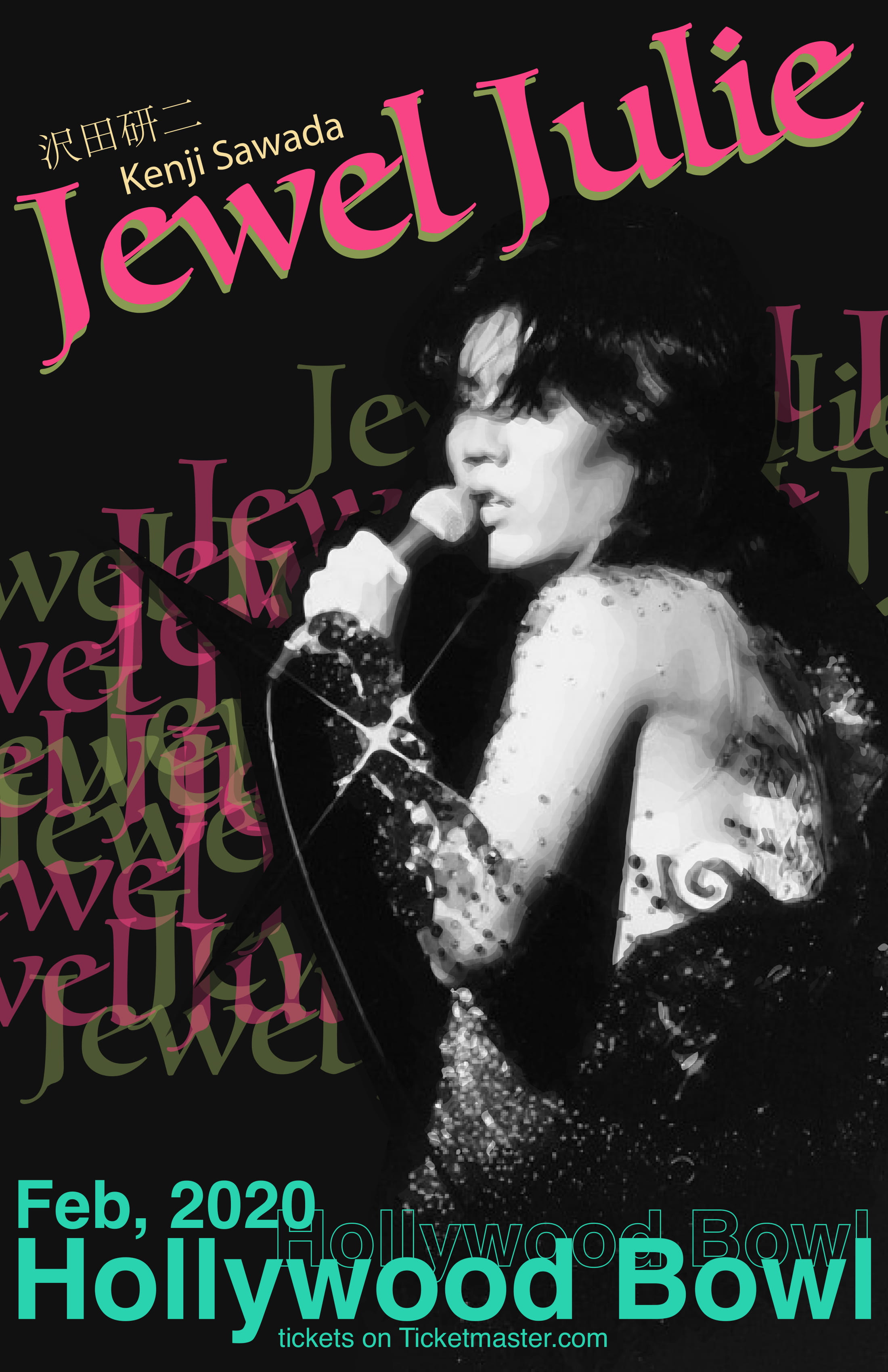 Kenji Sawada Hollywood Bowl concert poster with layered pink, olive, and teal typography