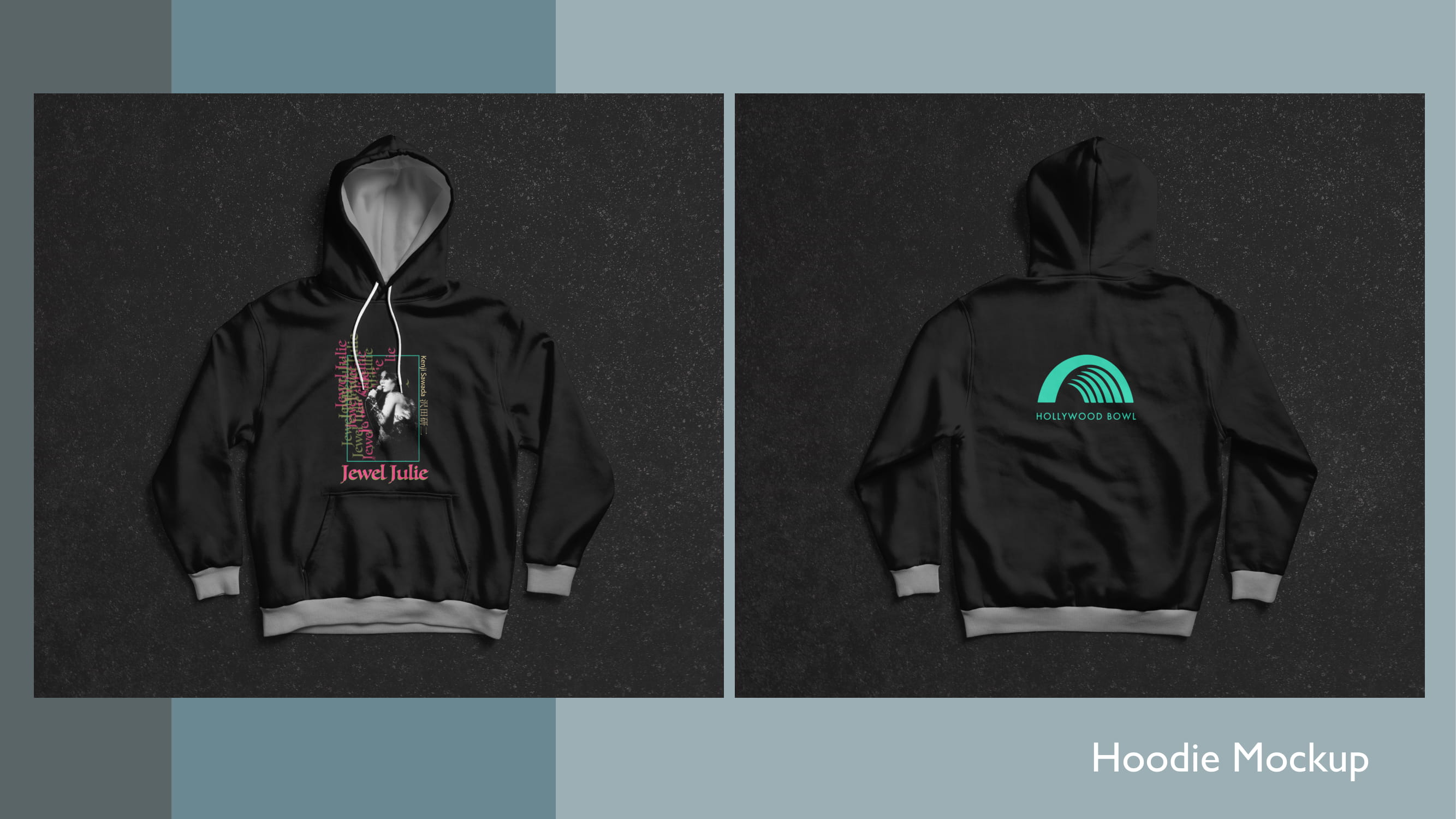 Hollywood Bowl concert campaign applied to the front and back of a black hoodie