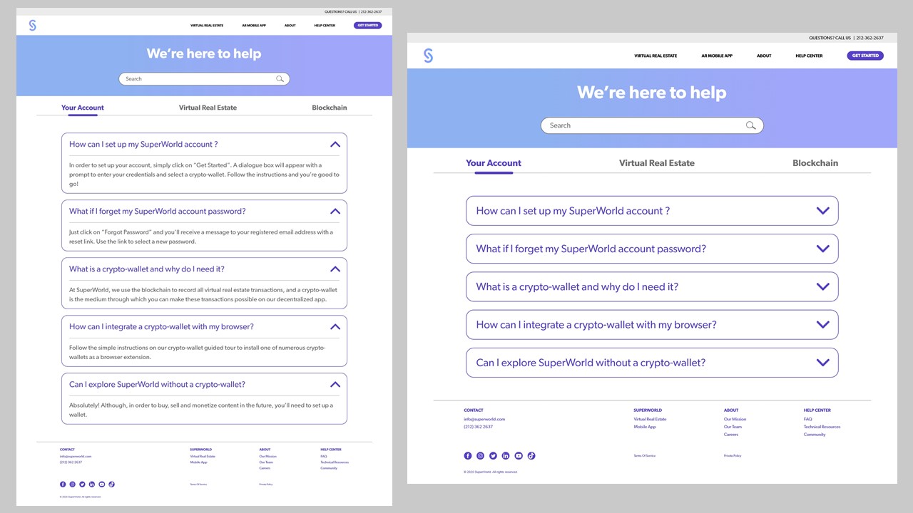 First SuperWorld FAQ direction with boxed accordion items and top category tabs