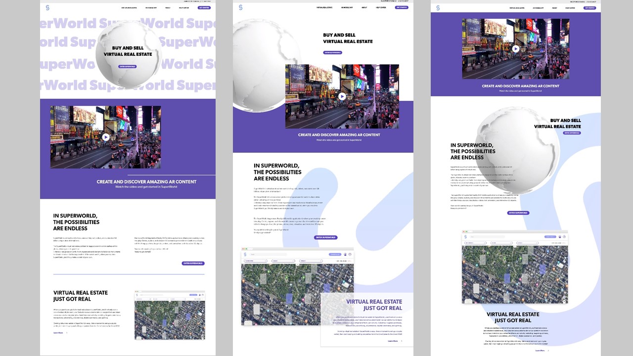 Three responsive SuperWorld homepage interface directions