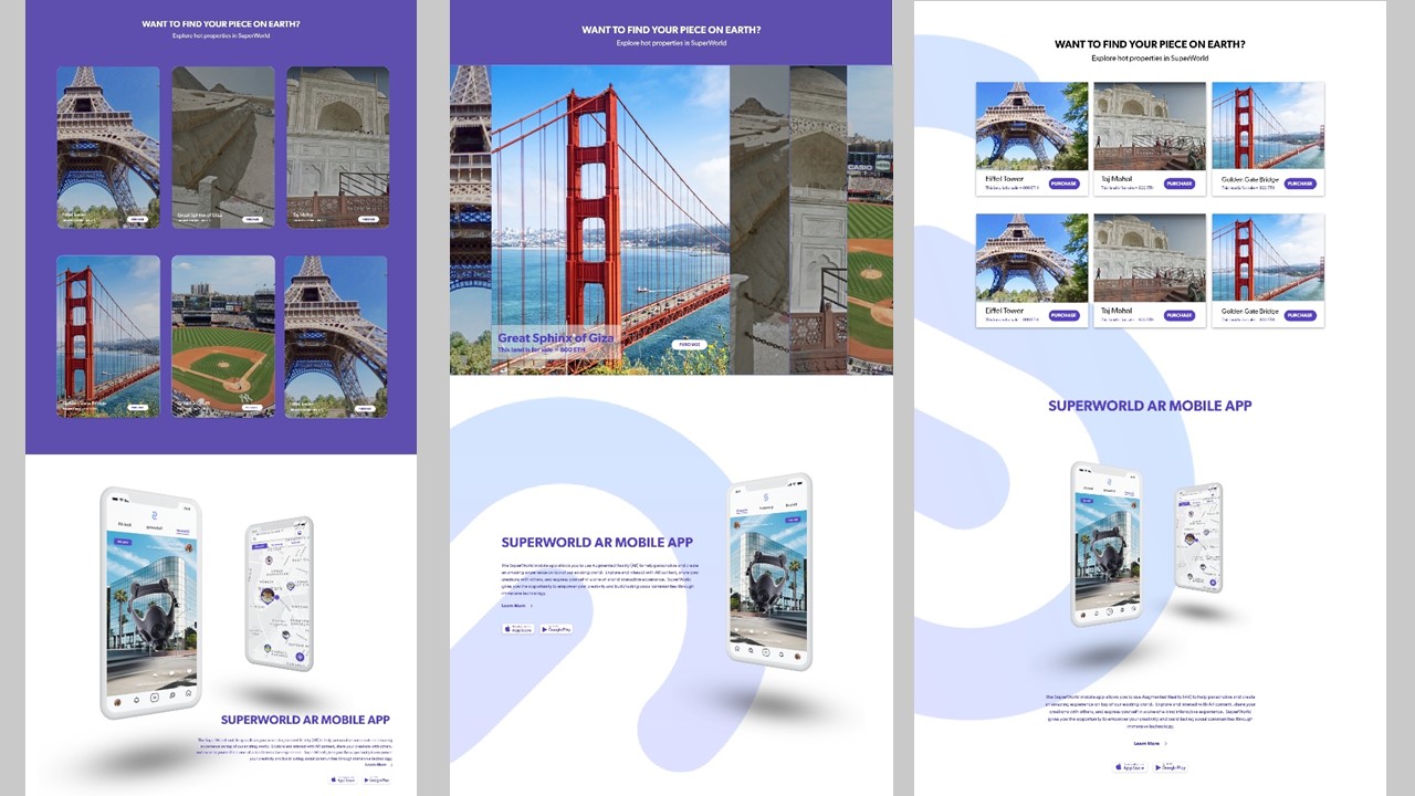 Three SuperWorld homepage compositions combining place cards, product explanation, and phone mockups