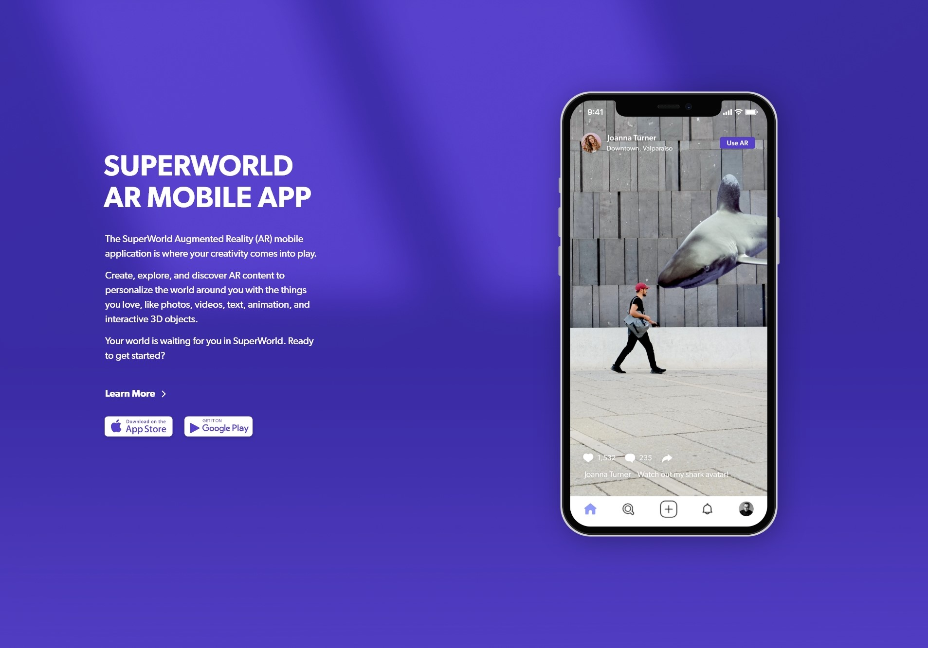 SuperWorld AR mobile app shown in a polished phone mockup