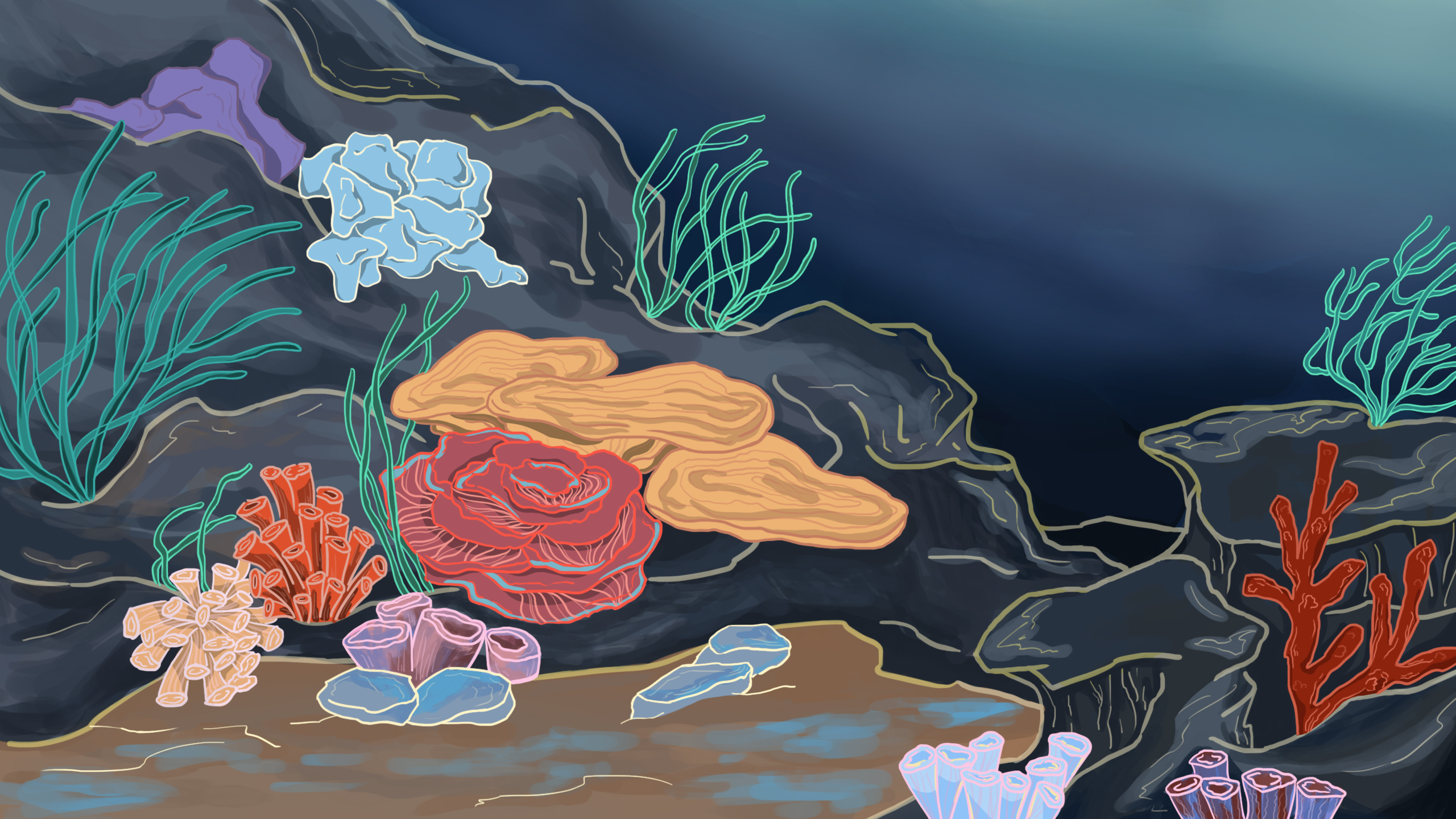 Blue underwater environment with the character surrounded by fish