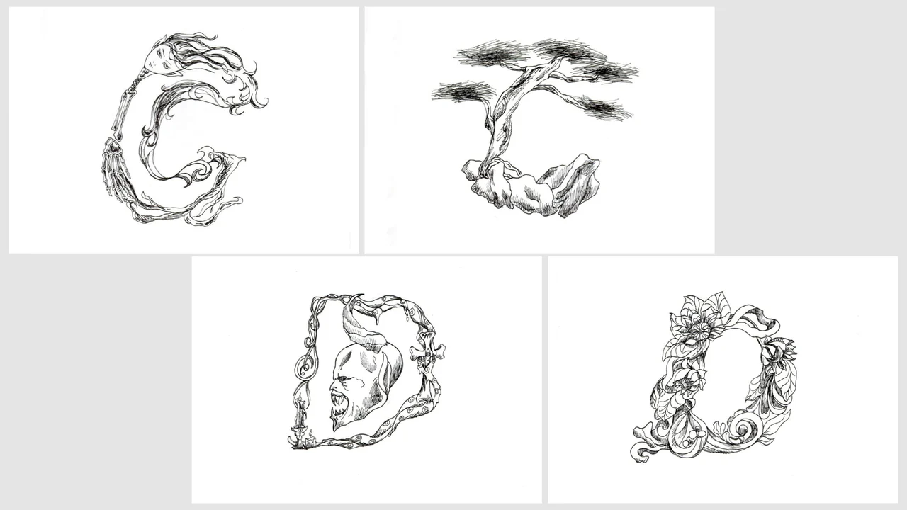 Hand-drawn variations of the illustrated letters C and D